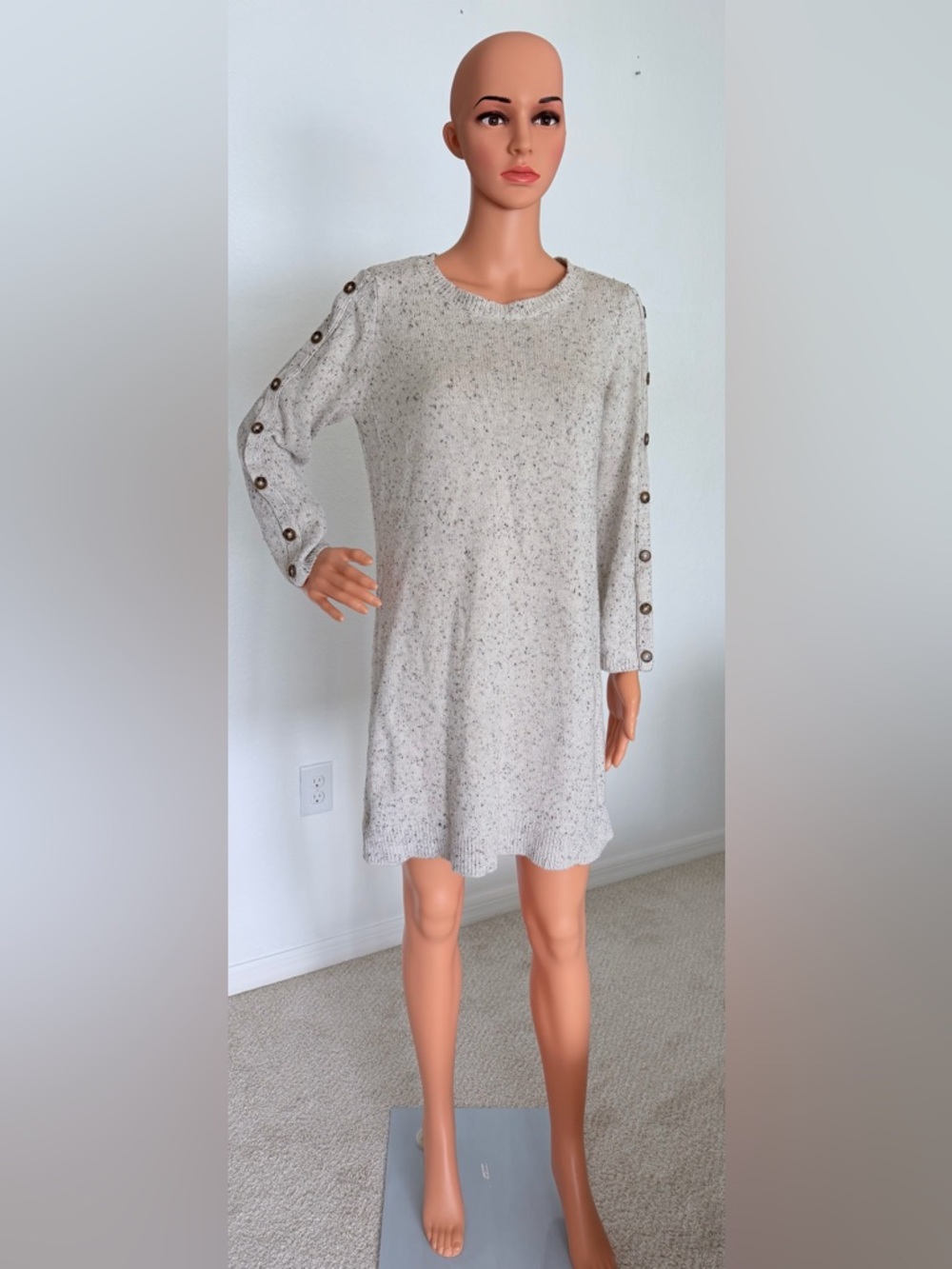 LOFT Cream Speckled Button-Sleeve Midi Dress